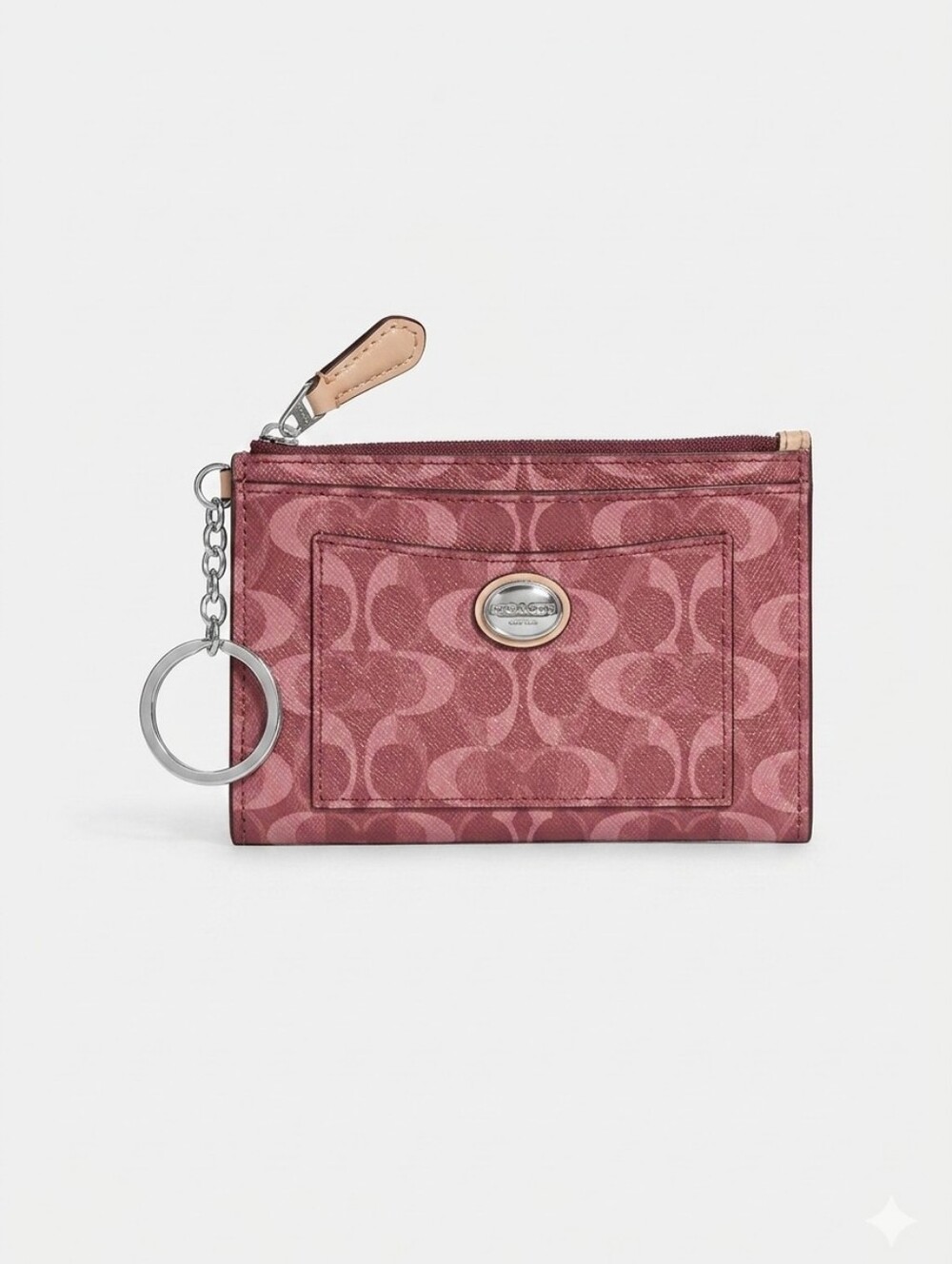 Coach Pink Signature Jacquard Zip Card Case with Key Ring